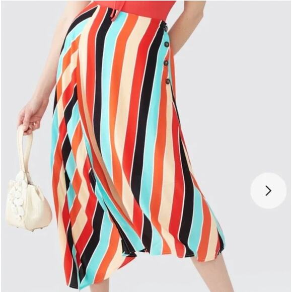 ASTR Monica Striped Midi Skirt Buttons Aqua Orange XS Extra Small - Picture 2 of 11
